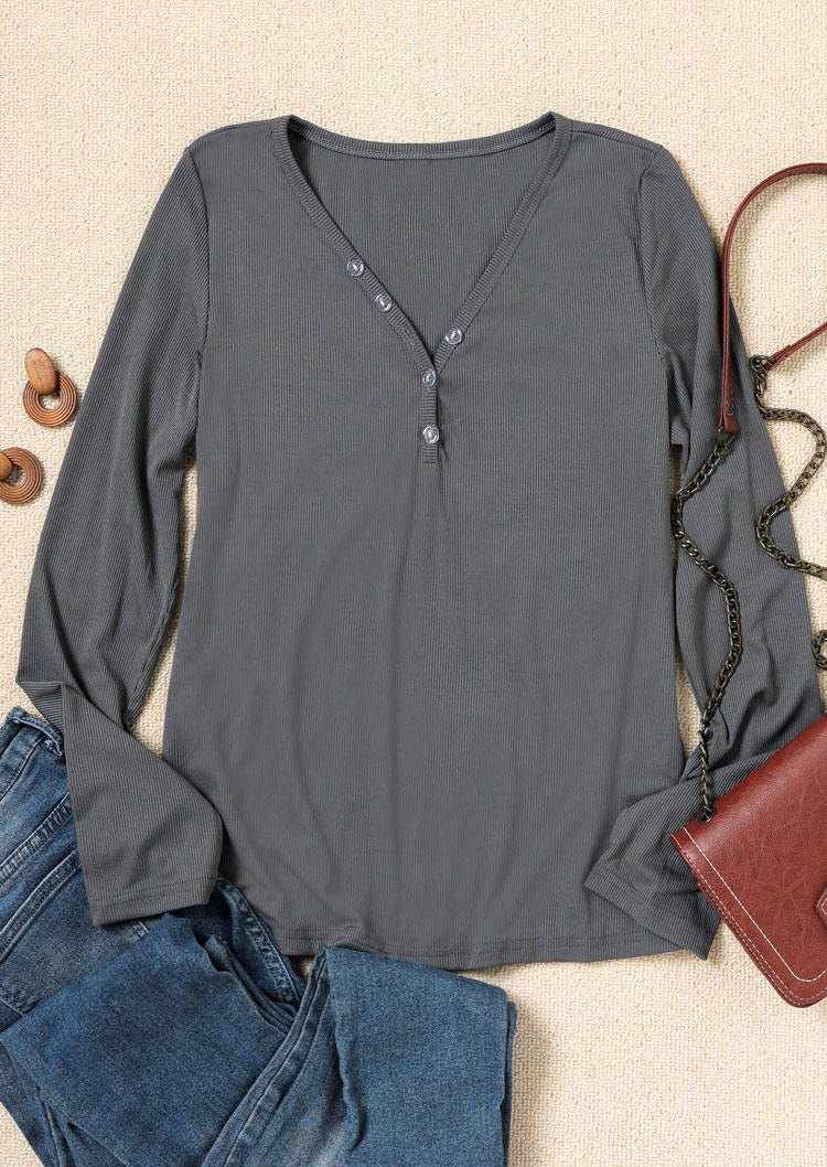 Button V-Neck Long Sleeve Blouse - Gray