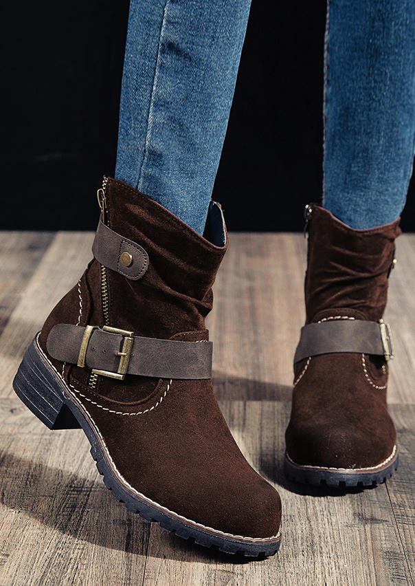 

Buckle Strap Chunky Heel Round Toe Ankle Boots - Coffee, 518421