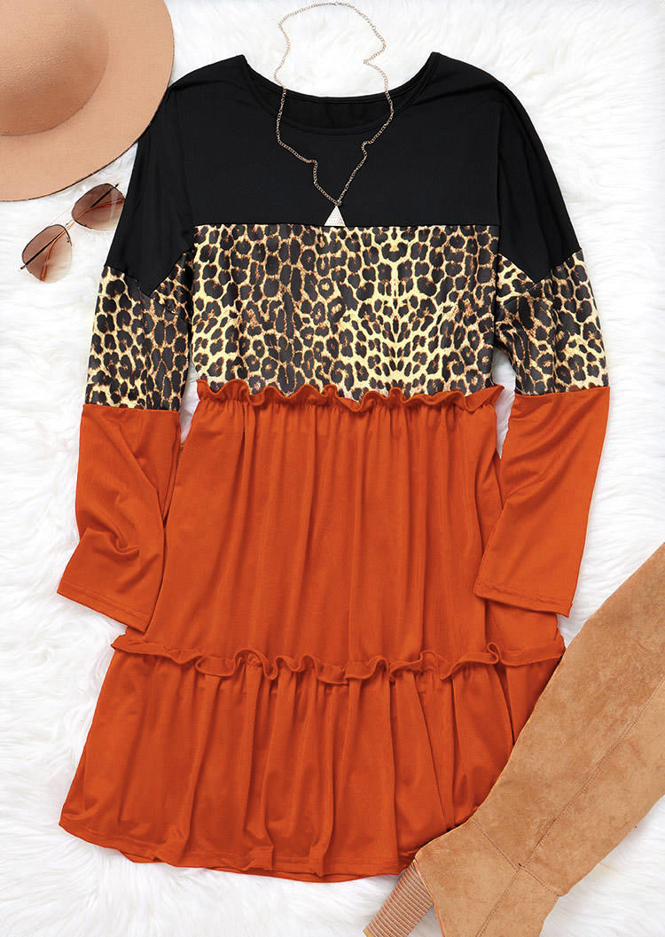 Leopard Color Block Ruffled Splicing Mini Dress