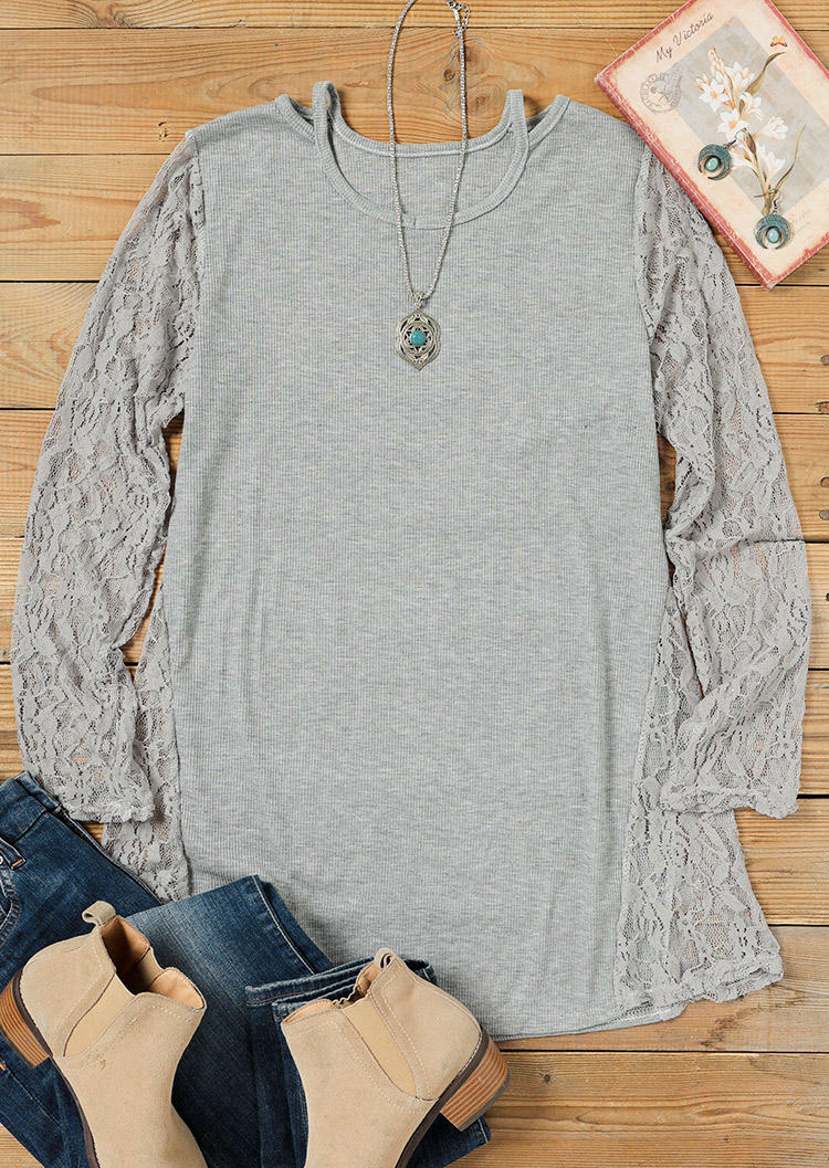 Lace Splicing Hollow Out O-Neck Blouse - Gray