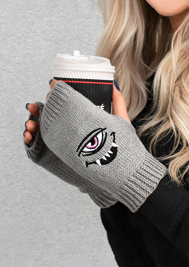 

Eye Demon Embroidered Knitted Warm Fingerless Gloves, Light grey, 518505