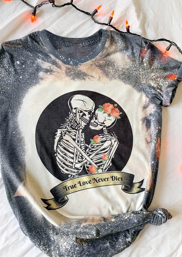 

True Love Never Dies Skeleton Floral T-Shirt Tee - Gray, 518598