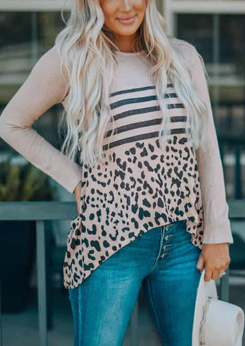 

Striped Leopard O-Neck Asymmetric Blouse - Beige, 518654