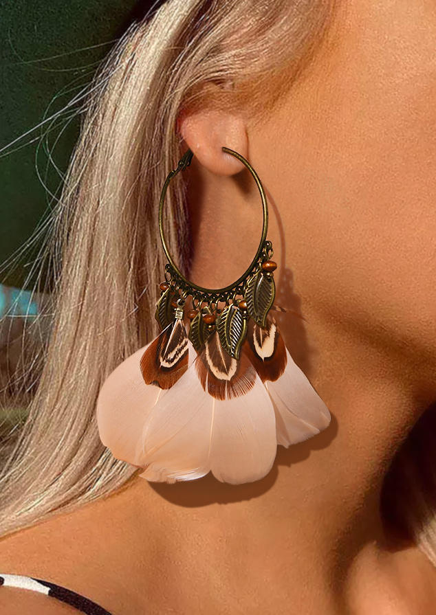 

Feather Leaf Circle Alloy Earrings, Apricot, 518658