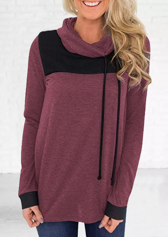 

Color Block Cowl Neck Drawstring Sweatshirt - Cameo Brown, 518666