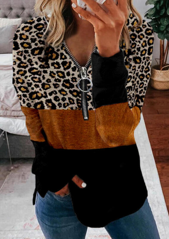 

Zipper Leopard Color Block Long Sleeve Blouse, Multicolor, 518795