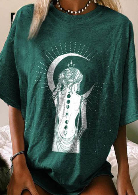 

Woman And Moon O-Neck T-Shirt Tee - Green, 518928