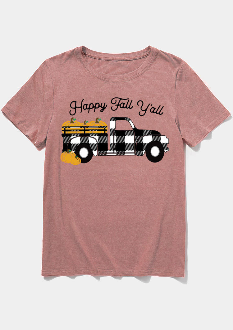 Happy Fall Y'all Pumpkin Plaid T-Shirt Tee - Cameo Brown