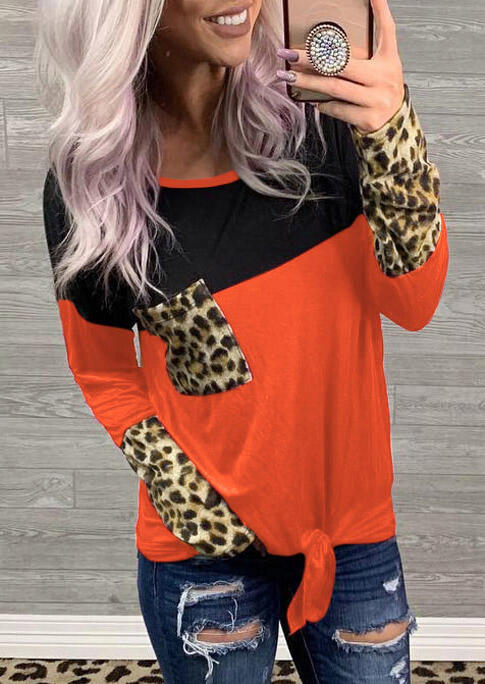 

Leopard Color Block Splicing Pocket Tie Blouse - Orange, 517989