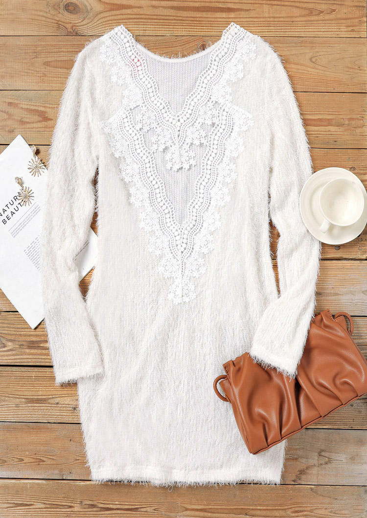 Fuzzy Hollow Out Lace Splicing Mini Dress - White