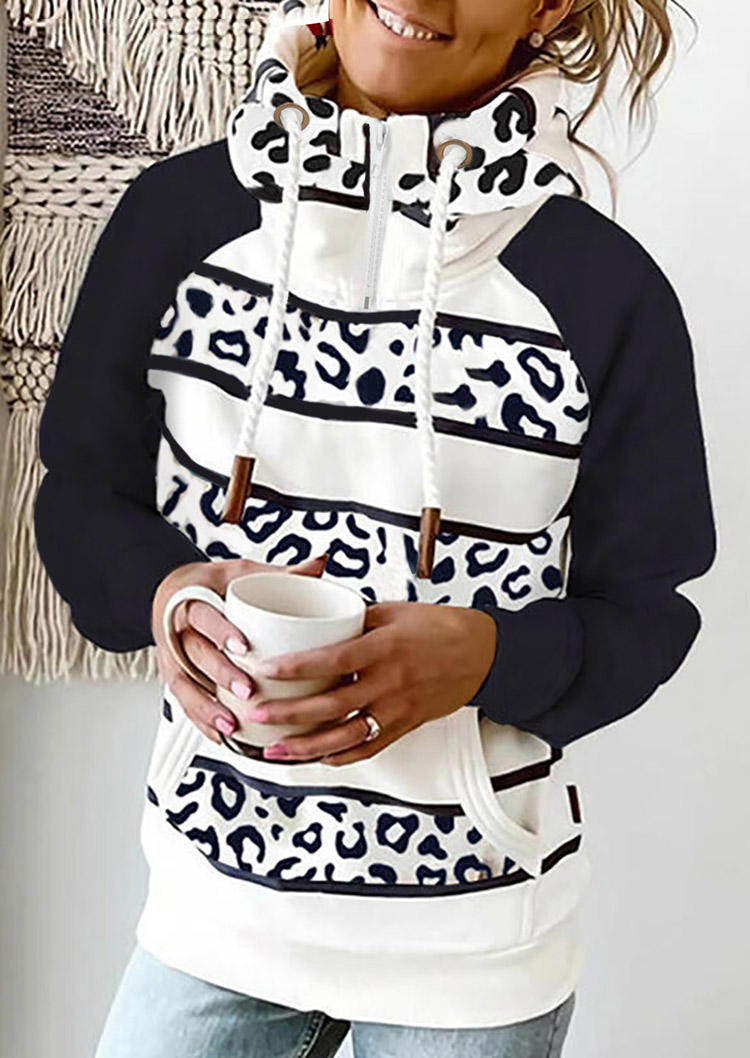 

Leopard Zipper Splicing Turtleneck Hoodie - White, 518262