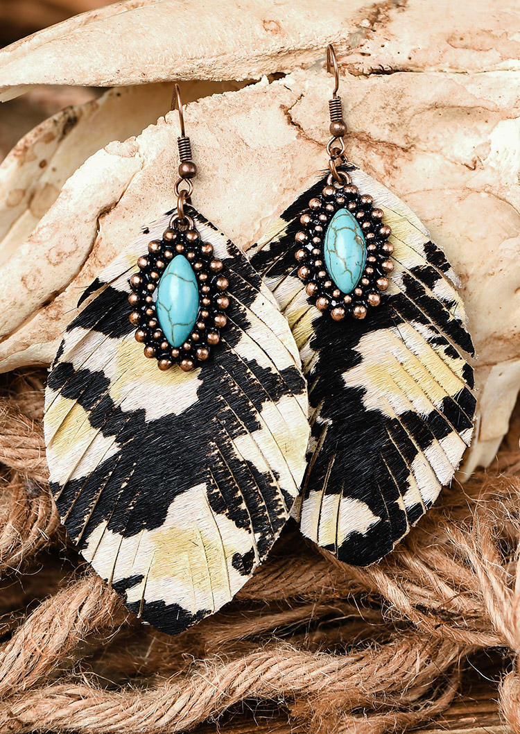 

Turquoise Leaf-shaped Leather Western Earrings, Black, 518423