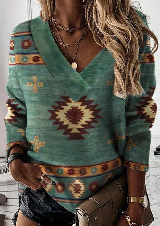 

Aztec Geometric Western V-Neck Blouse - Green, 518565