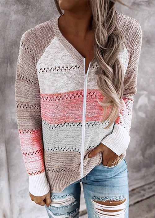 

Color Block Zipper Hollow Out Long Sleeve Coat Sweater, Multicolor, 518577