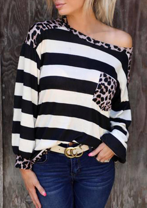 Leopard Striped Splicing Pocket Casual Blouse 518775