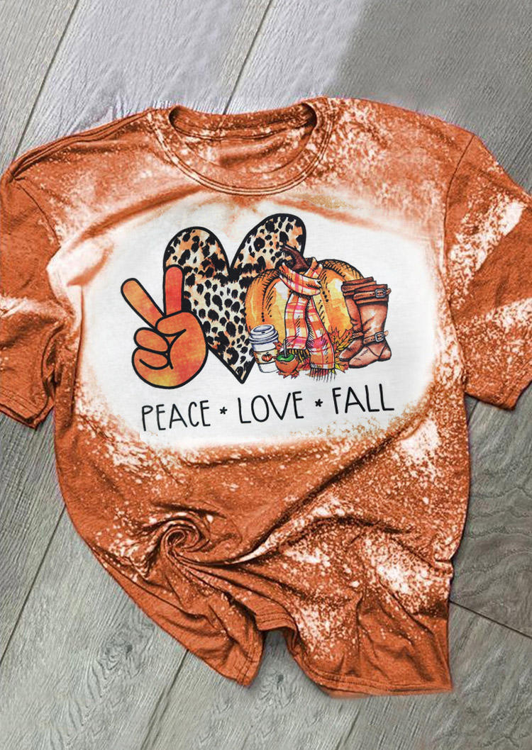 Kaufen Peace Love Fall Leopard Pumpkin Heart Bleached T-Shirt Tee. Bild