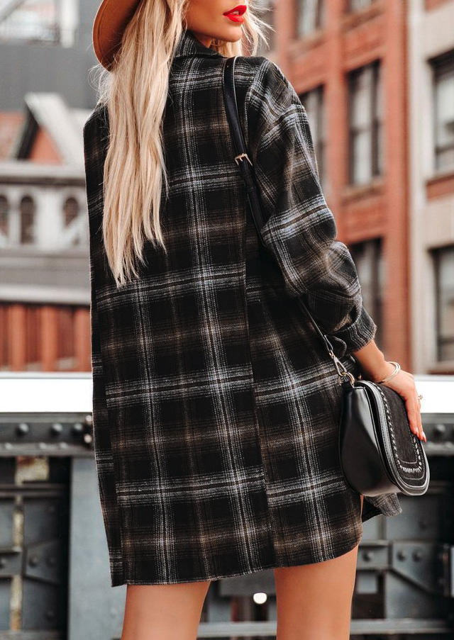 Plaid Button Turn-down Collar Long Sleeve Mini Dress