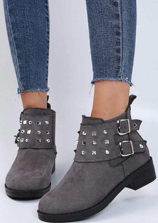 

Buckle Rivet Round Toe Ankle Boots - Gray, 518904