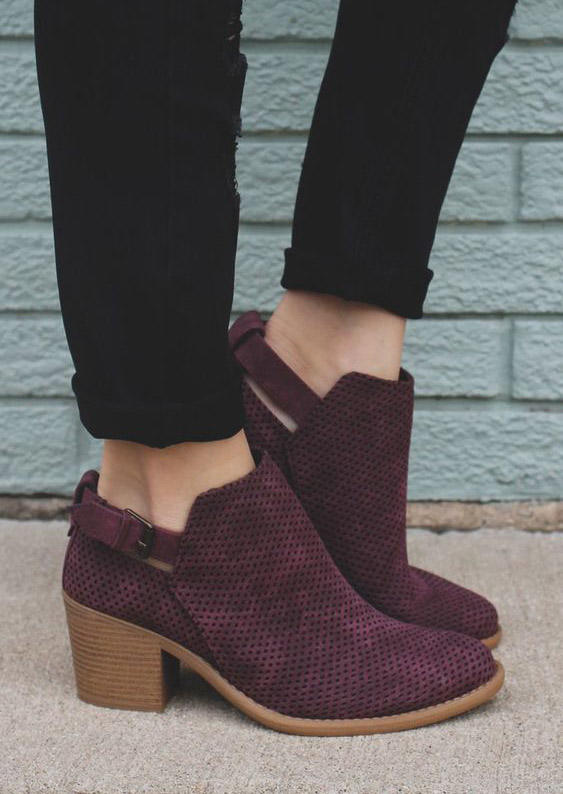 

Perforated Buckle Strap Ankle Boots - Burgundy, 518907