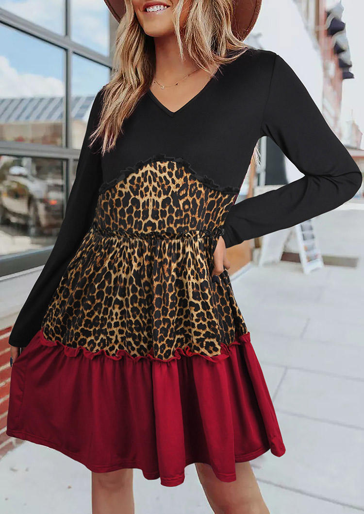 

Leopard Color Block Long Sleeve Mini Dress, Multicolor, 518909