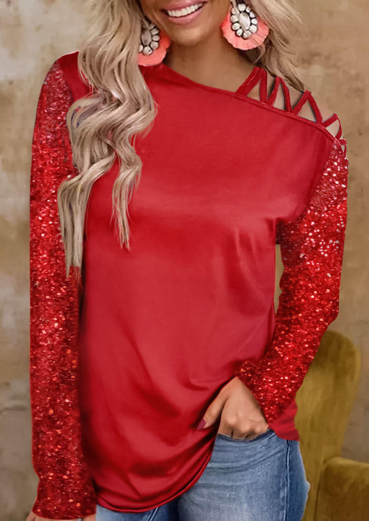 Hollow Out Sequined Splicing Long Sleeve Blouse - Red