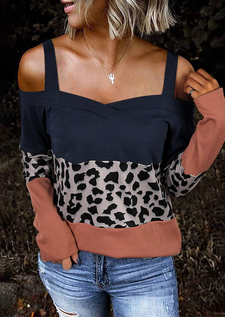 

Leopard Color Block Cold Shoulder Casual Blouse, Multicolor, 518918