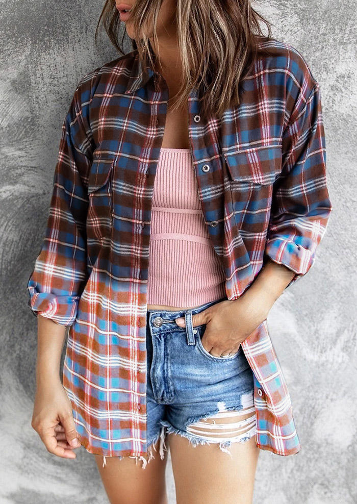 

Plaid Gradient Color Block Pocket Long Sleeve Shirt, 518923