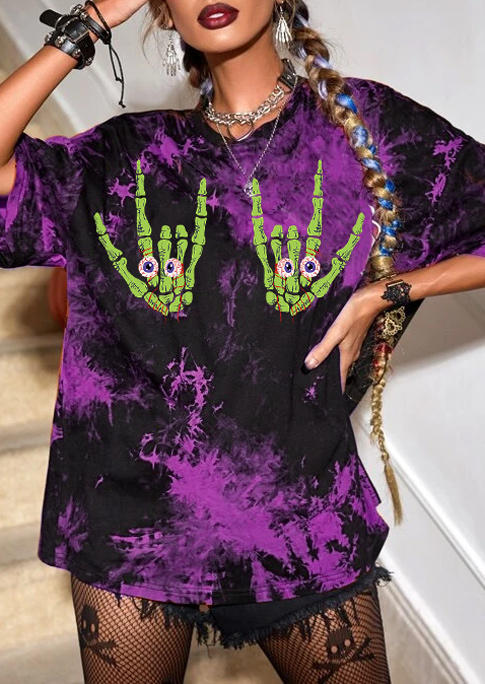 

Halloween Tie Dye Skeleton Hand Eyeball T-Shirt Tee - Purple, 518983