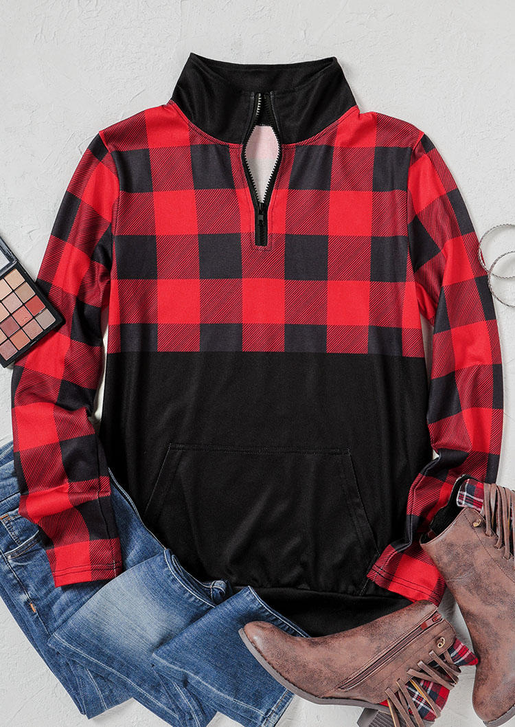 Zipper Plaid Kangaroo Pocket Sweatshirt