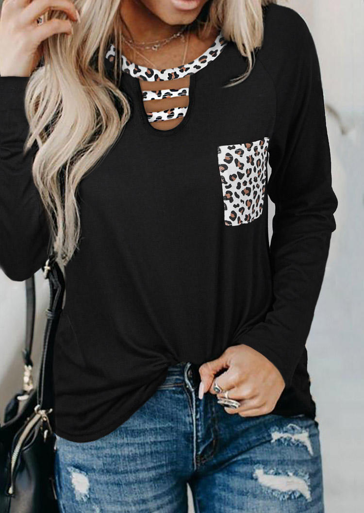 

Leopard Pocket Long Sleeve Blouse - Black, 518256