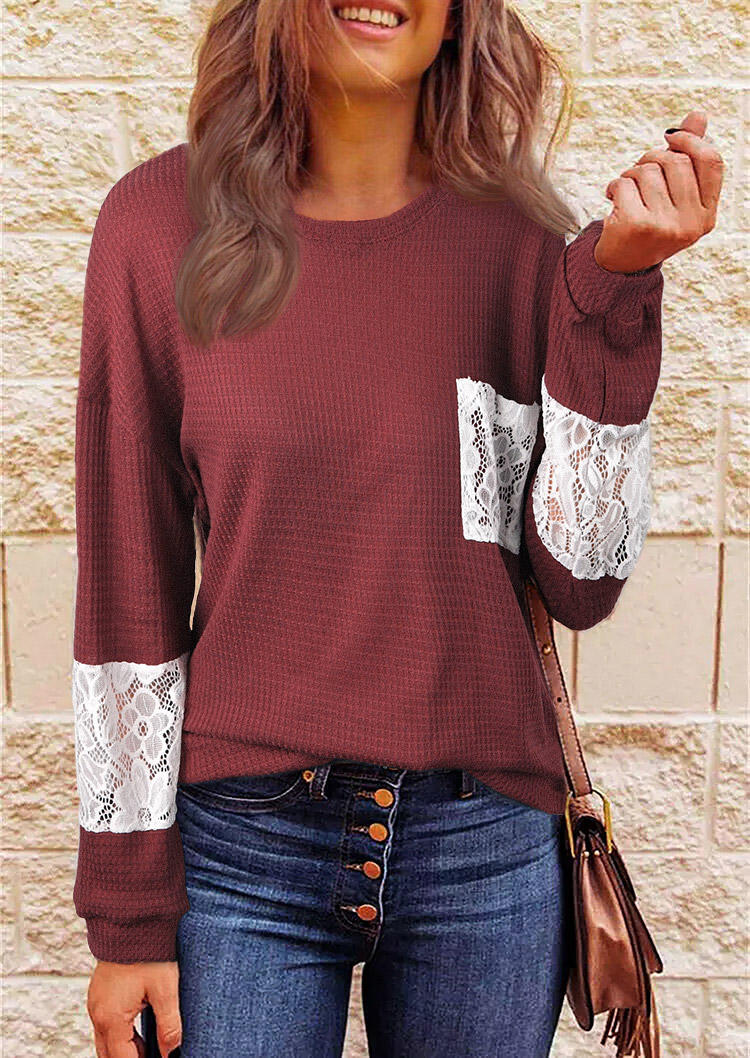 

Lace Splicing Pocket Long Sleeve O-Neck Blouse - Plum, 518259