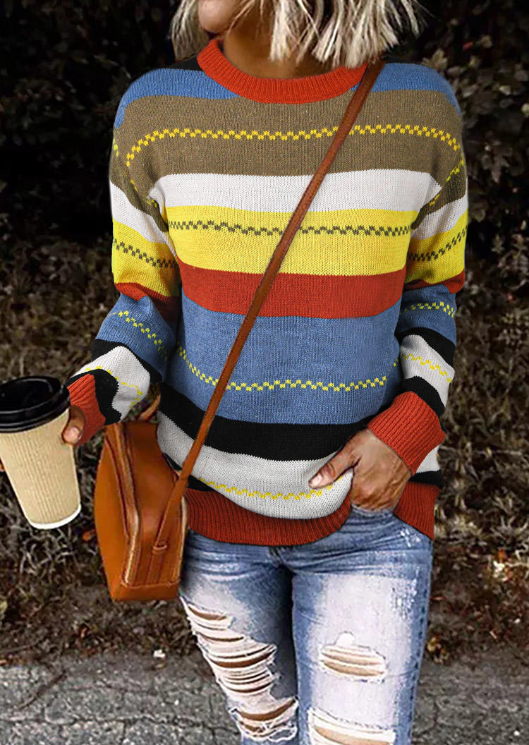 

Striped Color Block Long Sleeve Sweater, Multicolor, 518397