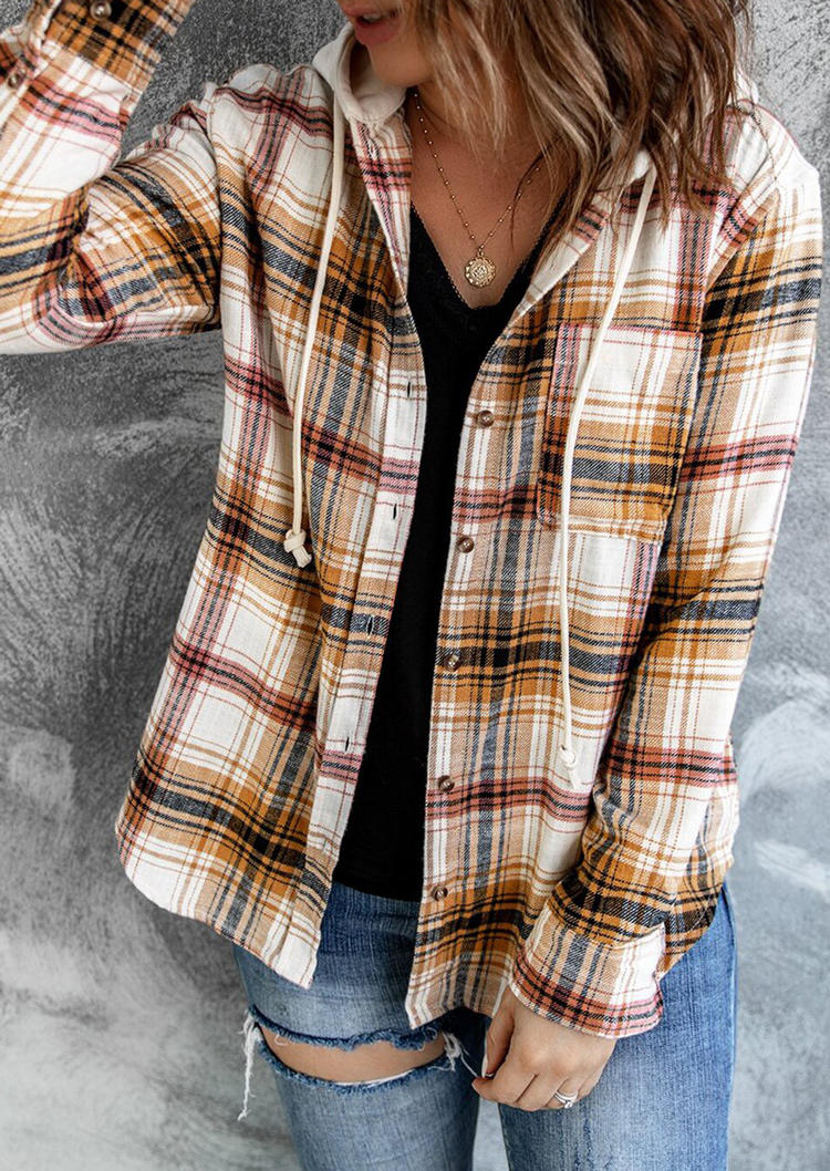 

Plaid Drawstring Button Shirt Hooded Coat, 518535