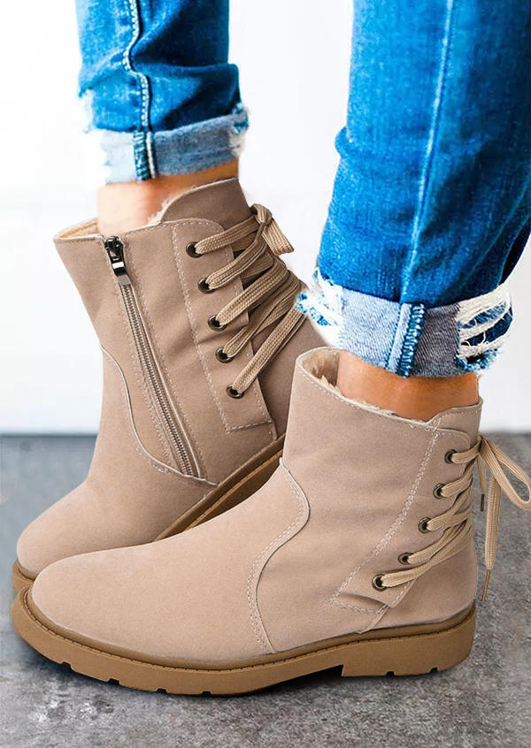 

Tie Zipper Round Toe Flat Boots - Khaki, 518550