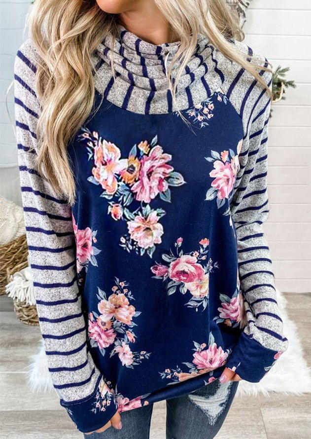 

Striped Floral Splicing Long Sleeve Hoodie - Navy Blue, 518706