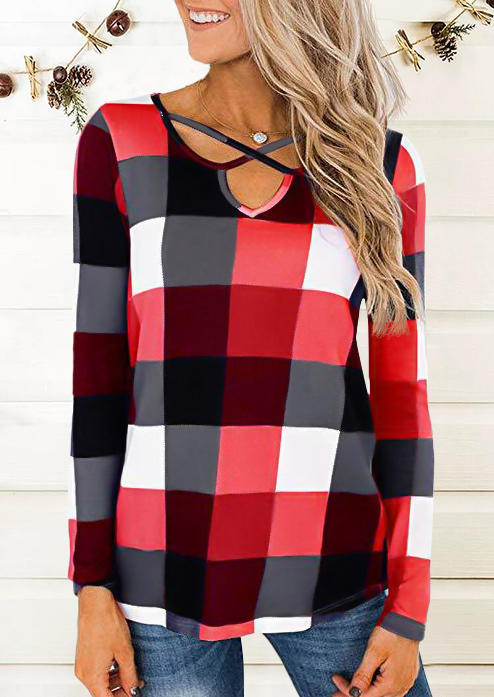 

Buffalo Plaid Criss-Cross Long Sleeve Blouse, 518746