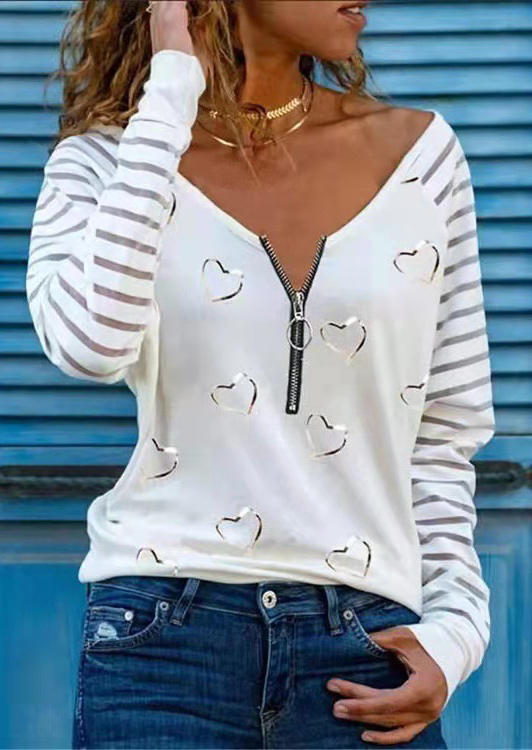 

Striped Heart Zipper Raglan Sleeve Blouse - White, 518750