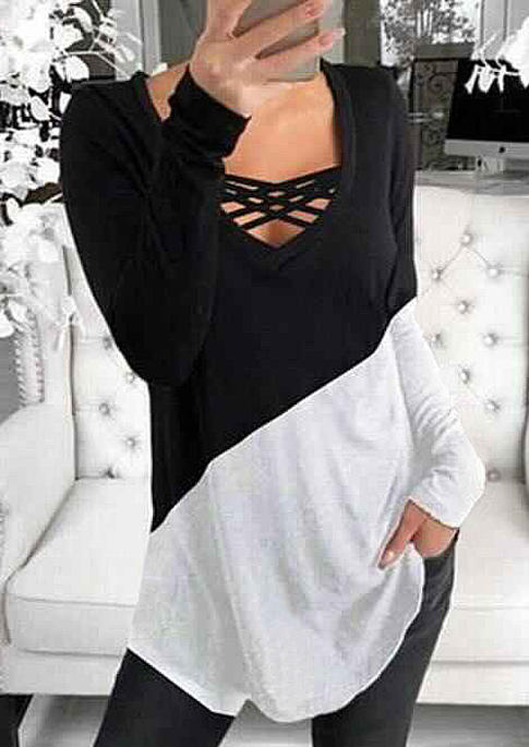 

Criss-Cross Color Block Long Sleeve Blouse - Black, 518789