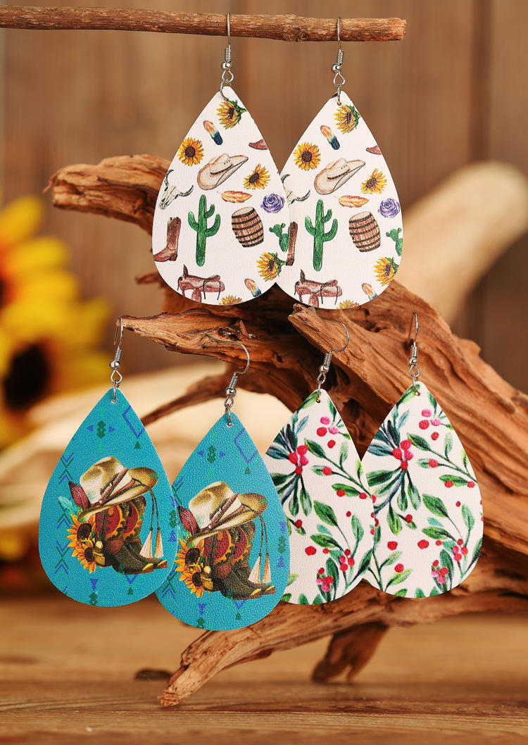 

3 Pairs/Set Aztec Geometric Pumpkin Cross Leather Earring Set, Green, 518931