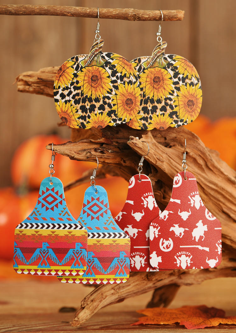 

3 Pairs/Set Pumpkin Sunflower Leopard Leather Earring Set, Multicolor, 518935