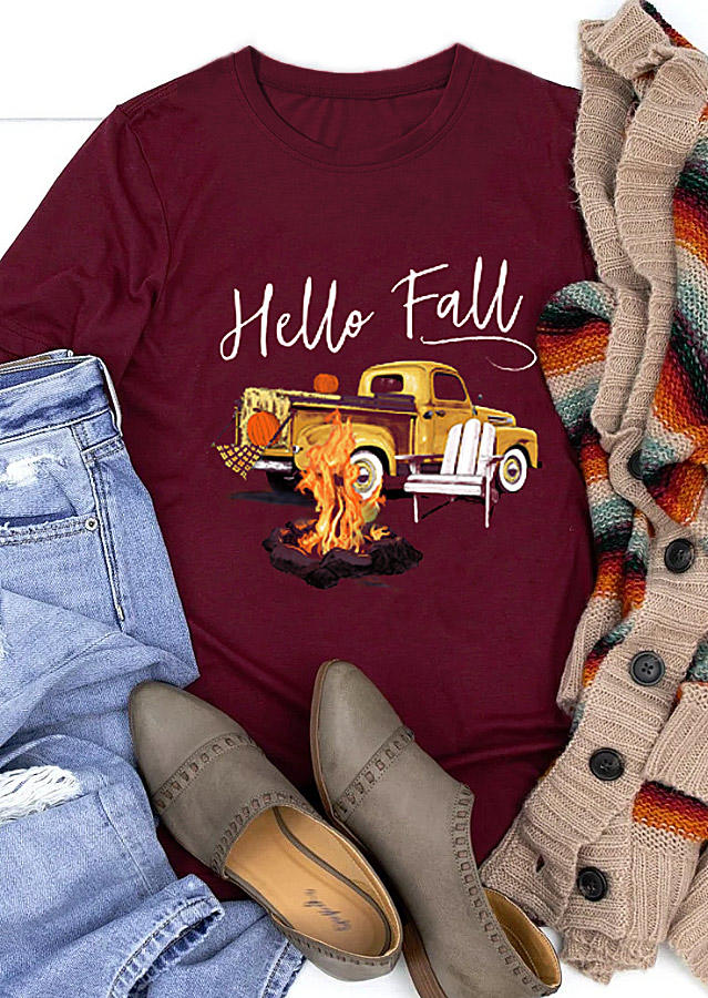 Buy Hello Fall Pumpkin Fire Car T-Shirt Tee - Burgundy. Picture