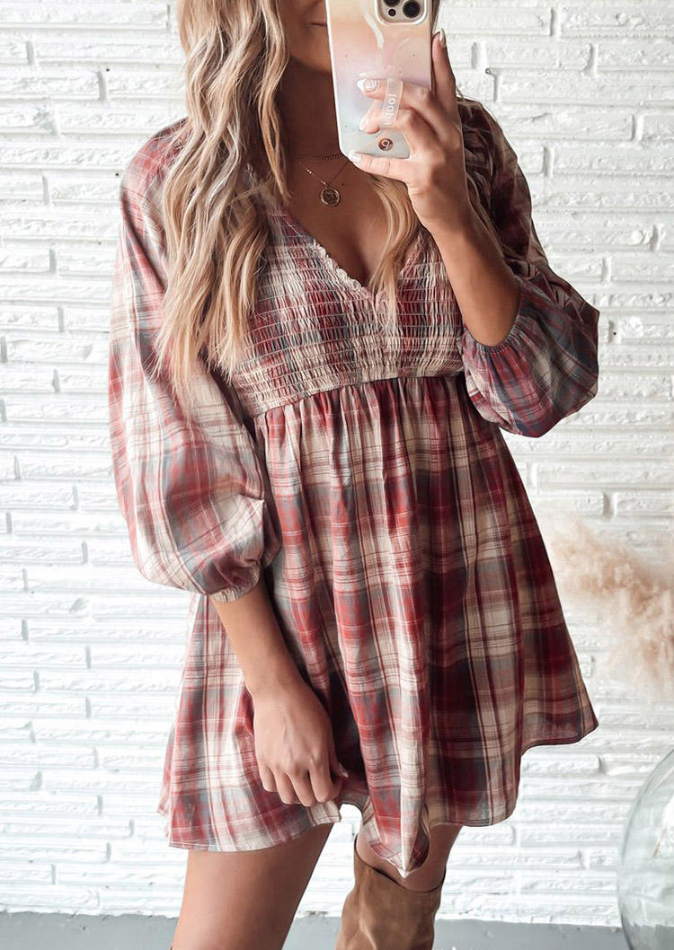 

Plaid Ruffled Elastic Cuff Mini Dress, 519041