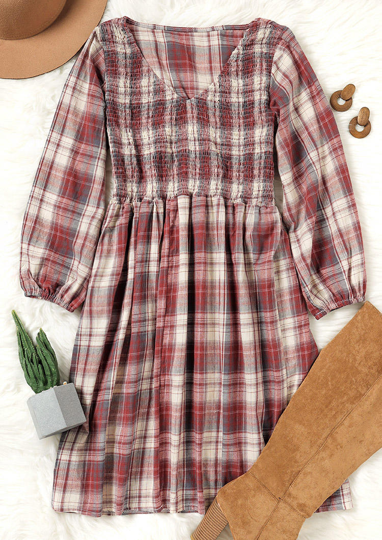 Plaid Ruffled Elastic Cuff Mini Dress