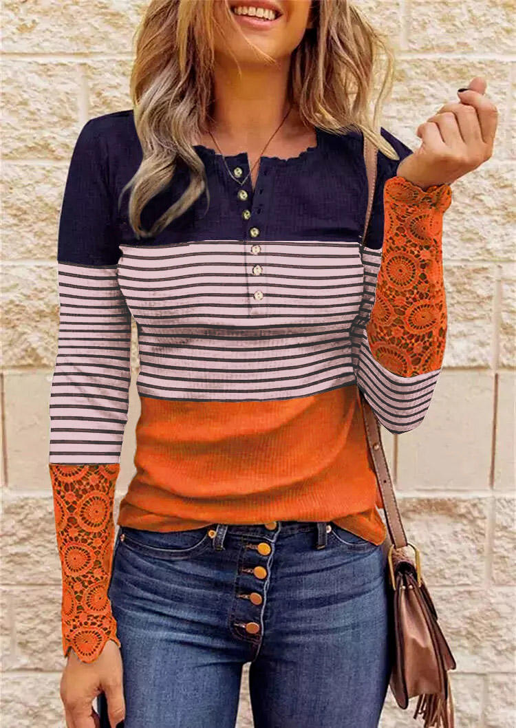 Lace Hollow Out Splicing Striped Button Blouse
