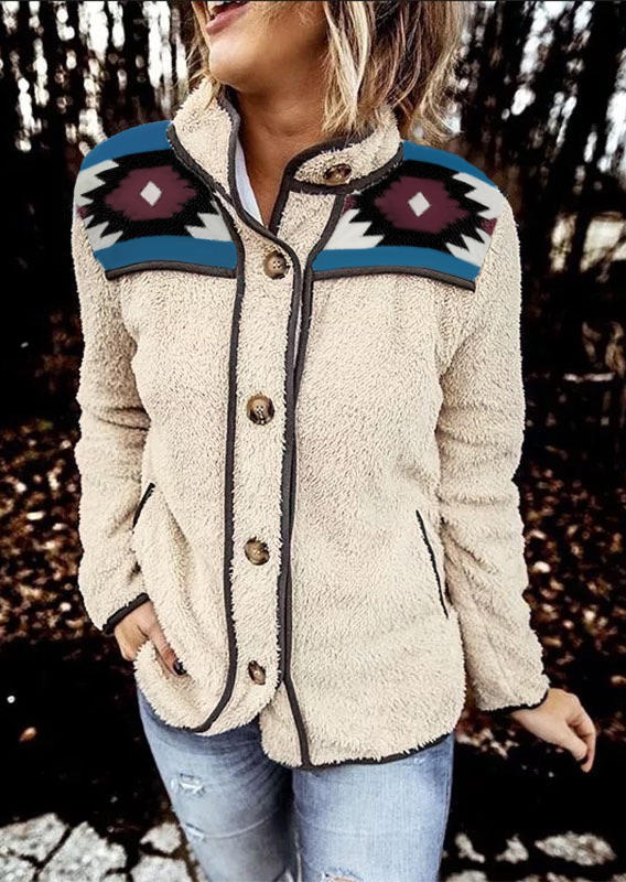 

Fuzzy Aztec Geometric Button Long Sleeve Coat - Beige, 519103