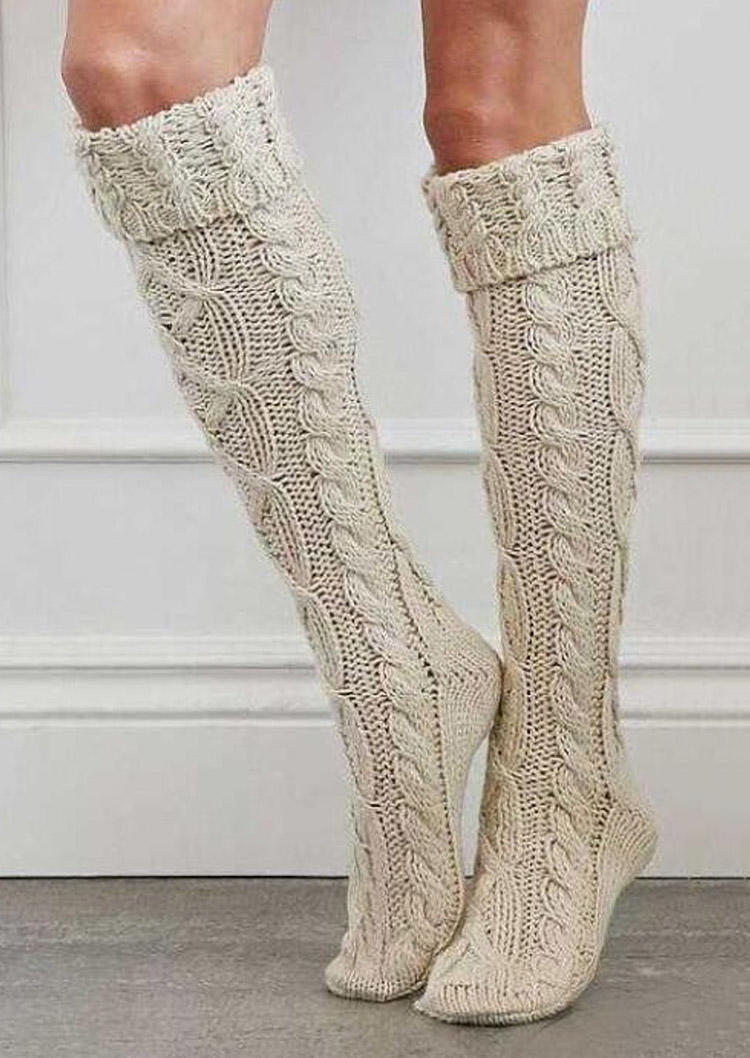 

Crochet Knitted Twist Soft Warm Thigh-High Socks, Beige, 519117
