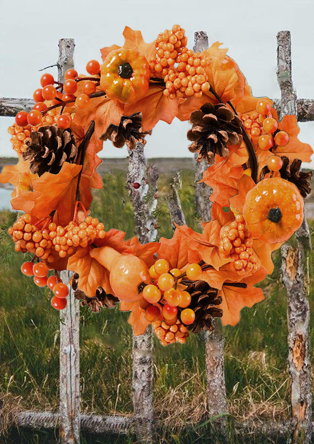 

Thanksgiving Pumpkin Maple Leaf Pine Cone Wreath Decoration, Orange, 519166