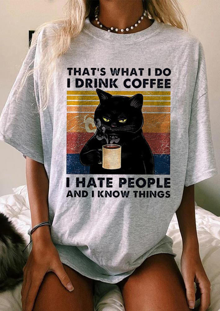 

I Drink Coffee I Hate People Cat T-Shirt Tee - Gray, 519189