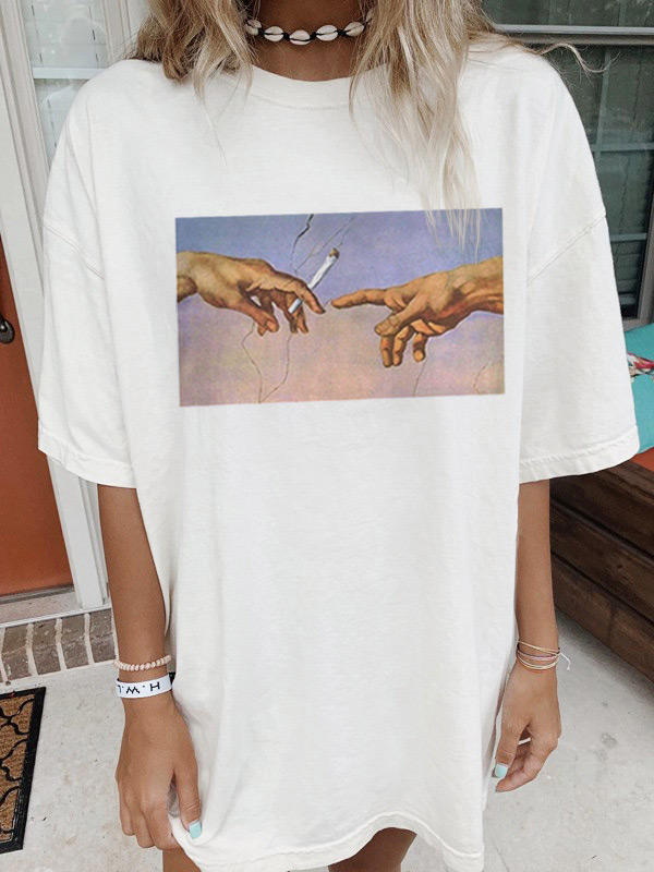 

Hand Oil Painting O-Neck T-Shirt Tee - White, 519198