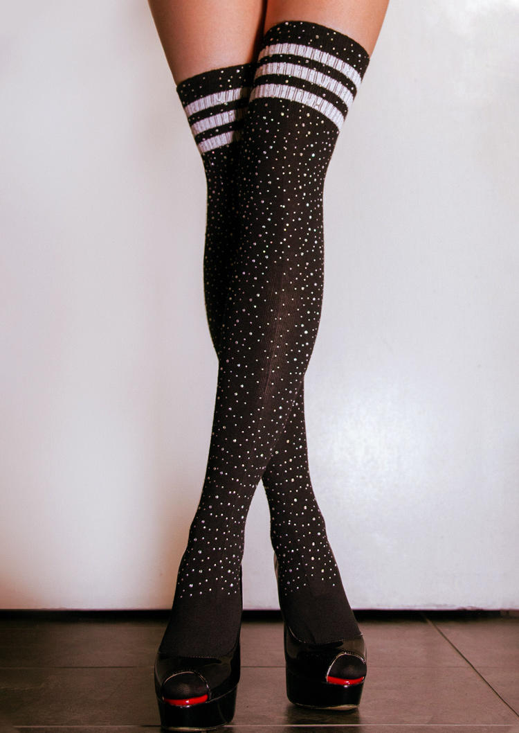 

Striped Rhinestone Thigh-High Socks, Black, 519050